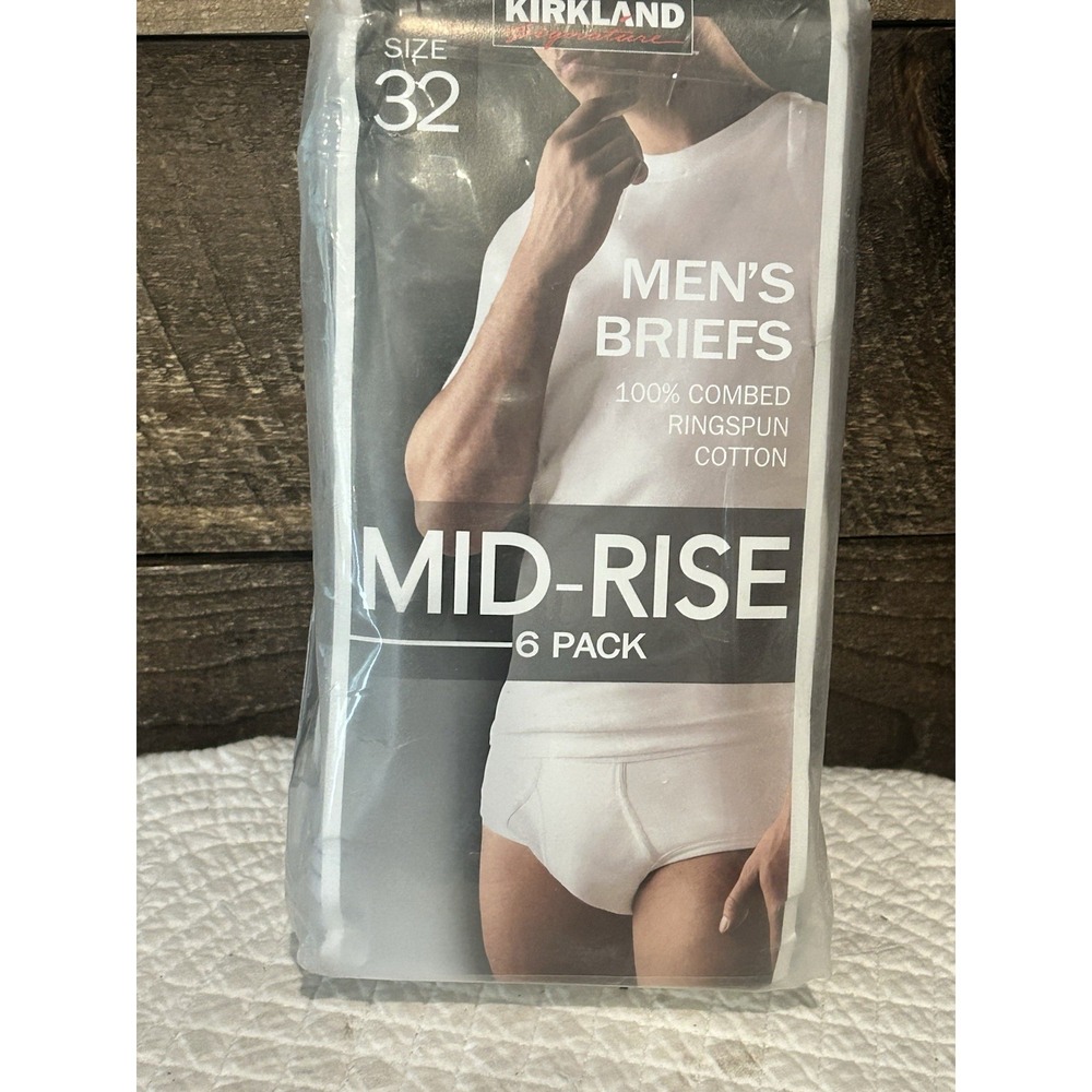 Kirkland Signature Men's Briefs Mid-Rise 6 Pack Size 32 White 100% Combed Cotton